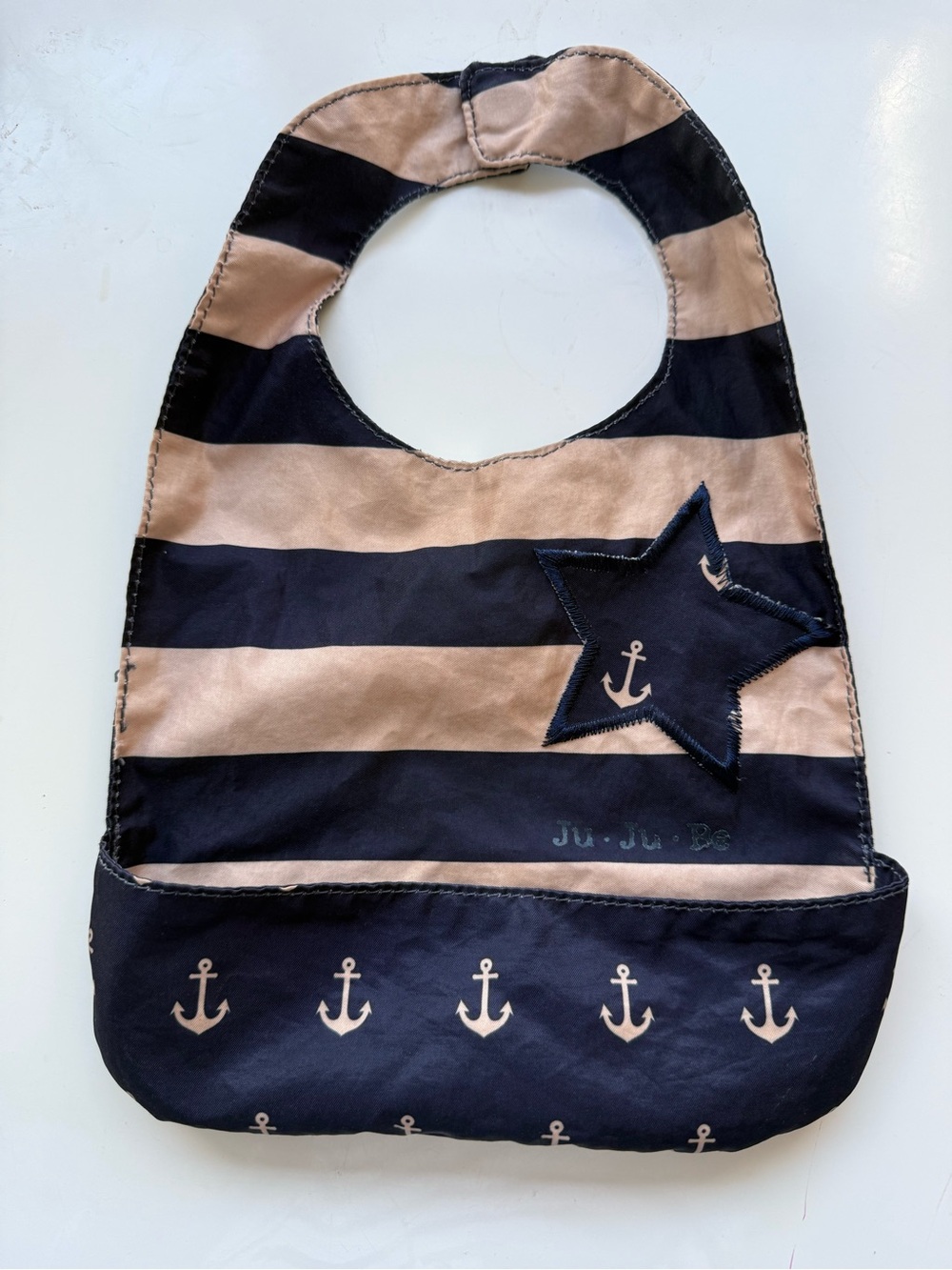JuJuBe Striped Navy and Tan Anchor Baby Bib